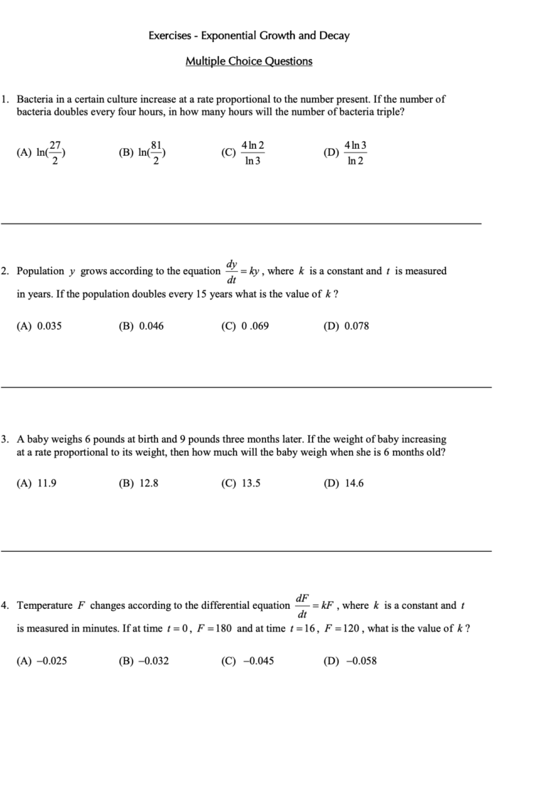 Exponential Growth and Decay in Further Applications of Integration